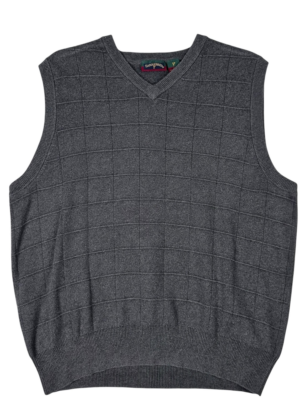 Saddlebred Vintage 90s Mens V Neck Sweater Vest Gray Grid Textured Pullover L